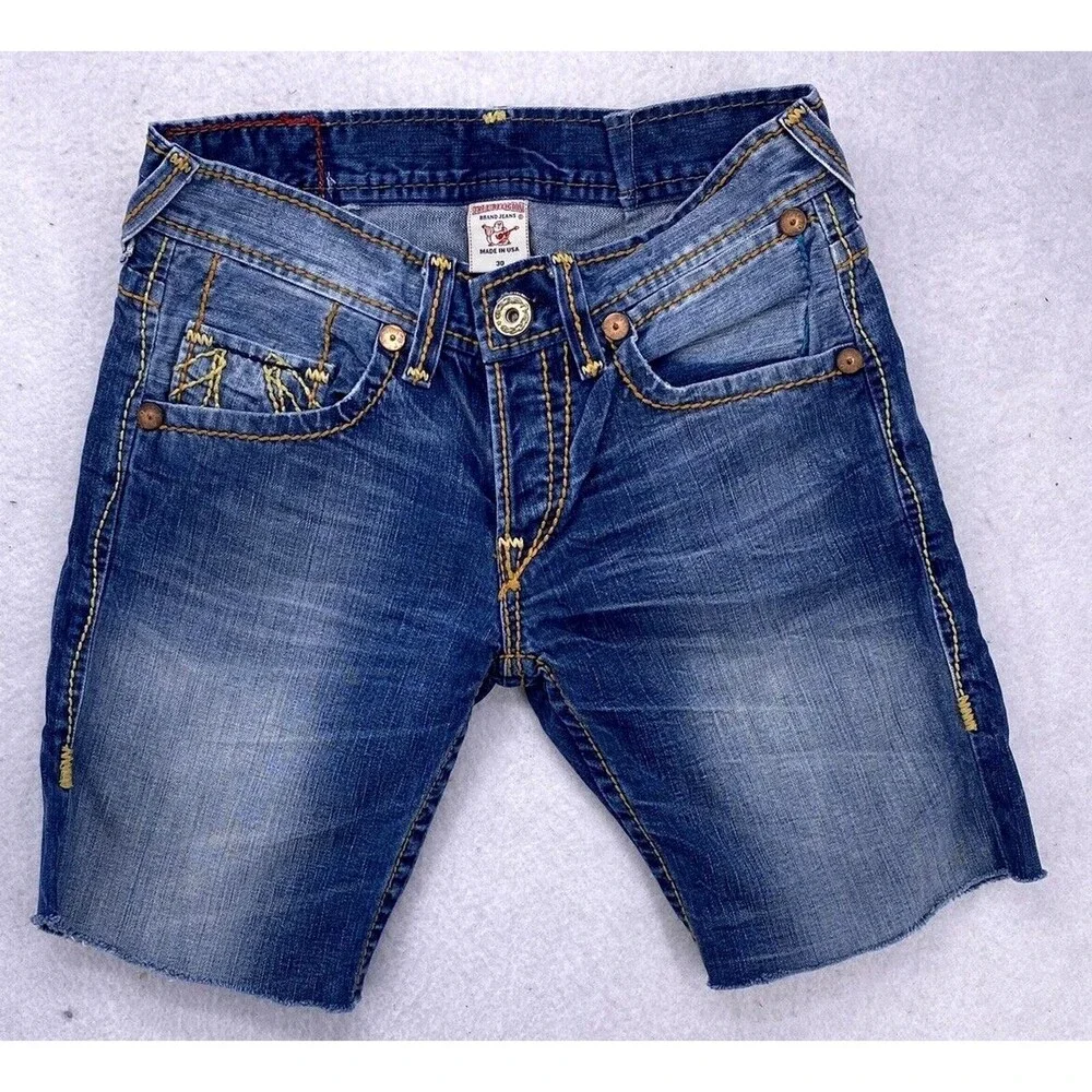 True Religion Mens Ricky Giant Big T Cut Off Jean Shorts Denim Size 30 Made USA